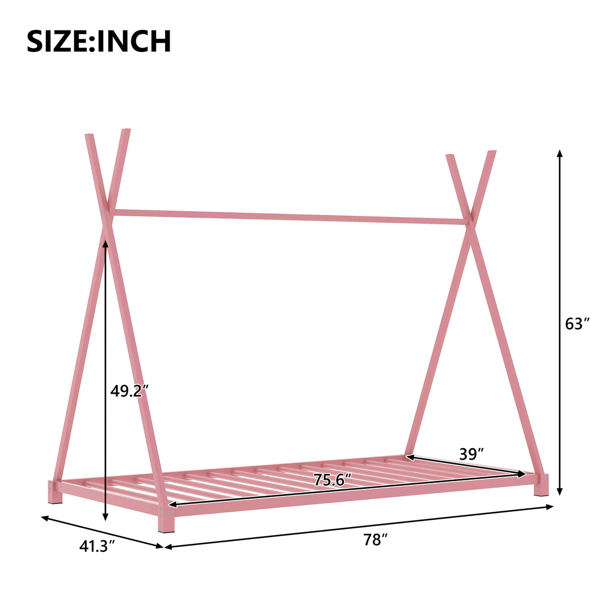 HAOYYE Metal Twin Size House Platform Bed with Triangle Structure, Pink Sturdy Space-Saving Heavy Duty Modern Design Adults Dorm Room Easy Assembly Bedroom Furniture