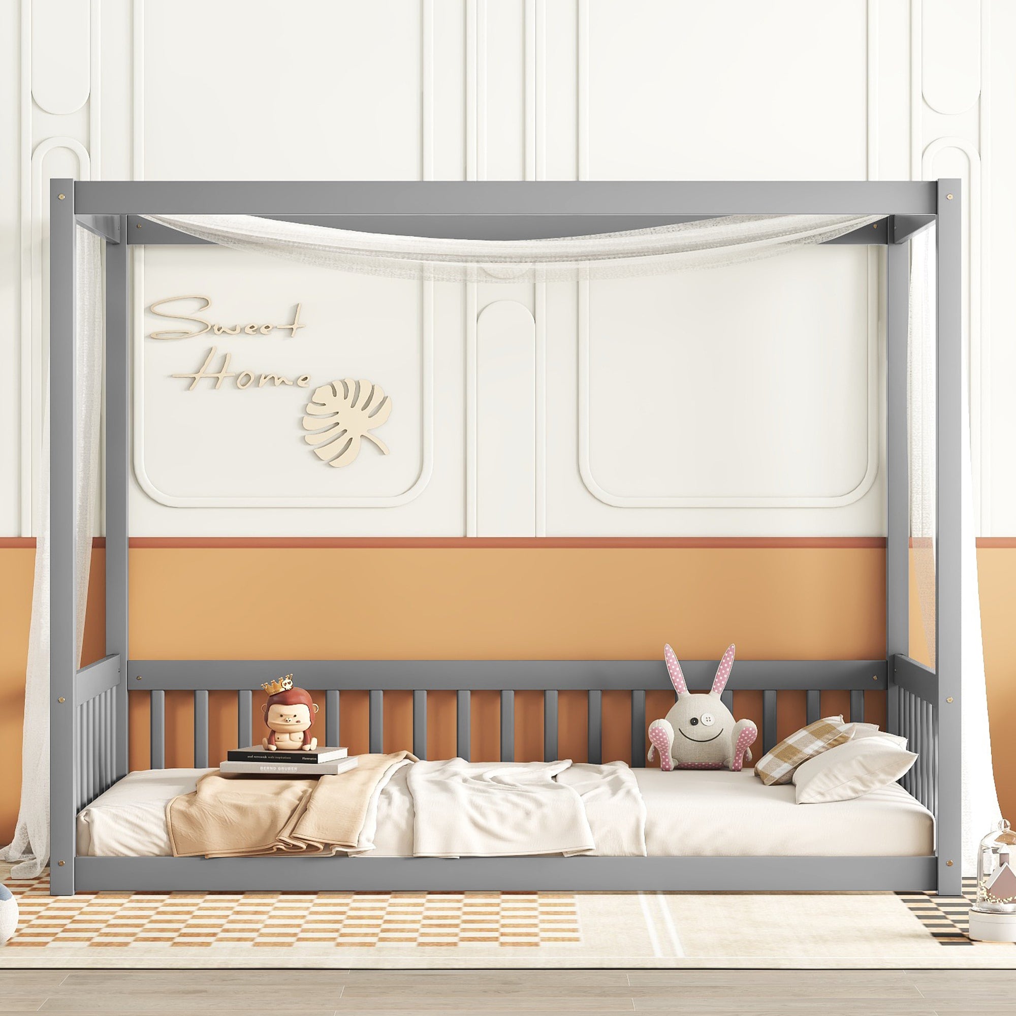 HAOYYE Twin Size Canopy Frame Floor Bed with Fence, Guardrails,Grey Sturdy Space-Saving Heavy Duty Modern Design Adults Dorm Room Easy Assembly Bedroom Furniture