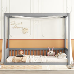 HAOYYE Twin Size Canopy Frame Floor Bed with Fence, Guardrails,Grey Sturdy Space-Saving Heavy Duty Modern Design Adults Dorm Room Easy Assembly Bedroom Furniture