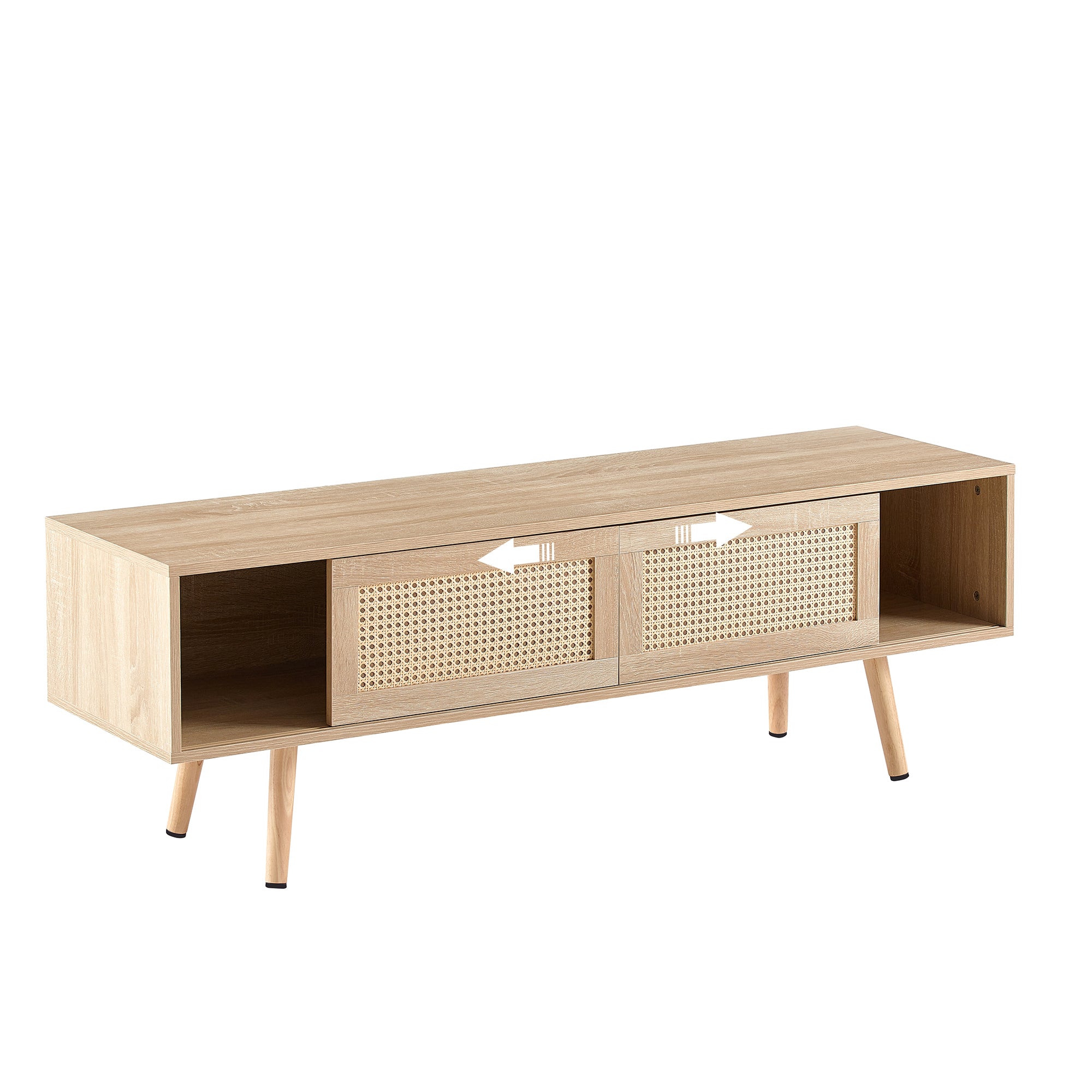 HAOYYE 55.12" Rattan TV cabinet, double sliding doors for storage, adjustable shelf, solid wood legs, TV console for living room ,natural Sturdy Space-Saving Heavy Duty Modern Design Adults Dorm Room