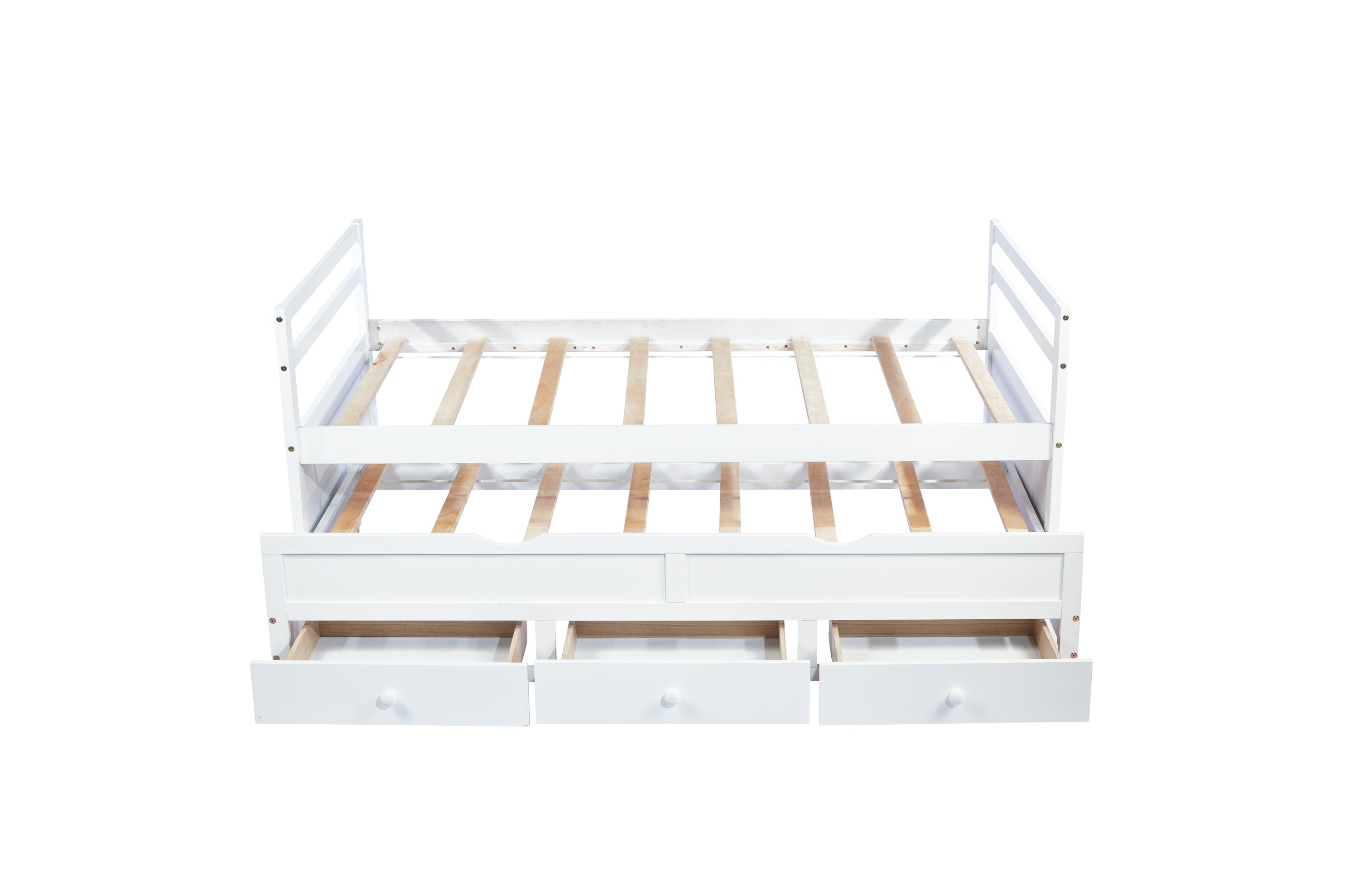 HAOYYE Twin Bed with Headboard, Footboard, Trundle and Storage Drawers, Pine Wood Twin Size Bed, White, Sturdy Space-Saving Heavy Duty Construction, Ideal for Adults and Dorm Rooms