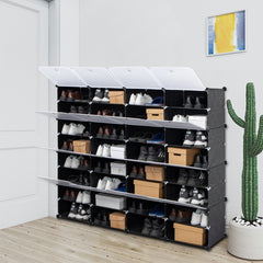 HAOYYE 8-Tier Portable Shoe Rack Organizer 64 Pair Capacity Expandable 32 Grid Tower Shelf Black Durable Design Sturdy Multifunctional Modern Organizer Space-Saving Storage Solution for Shoes, Boots, Slippers