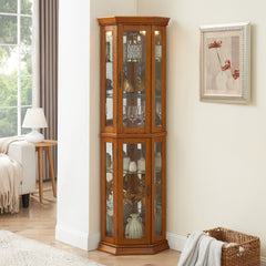 HAOYYE Corner Curio Cabinet with Lights, Adjustable Tempered Glass Shelves, Mirrored Back, Display Cabinet,Oak (E26 light bulb not included) Sturdy Space-Saving Heavy Duty Modern Design Adults Dorm Room