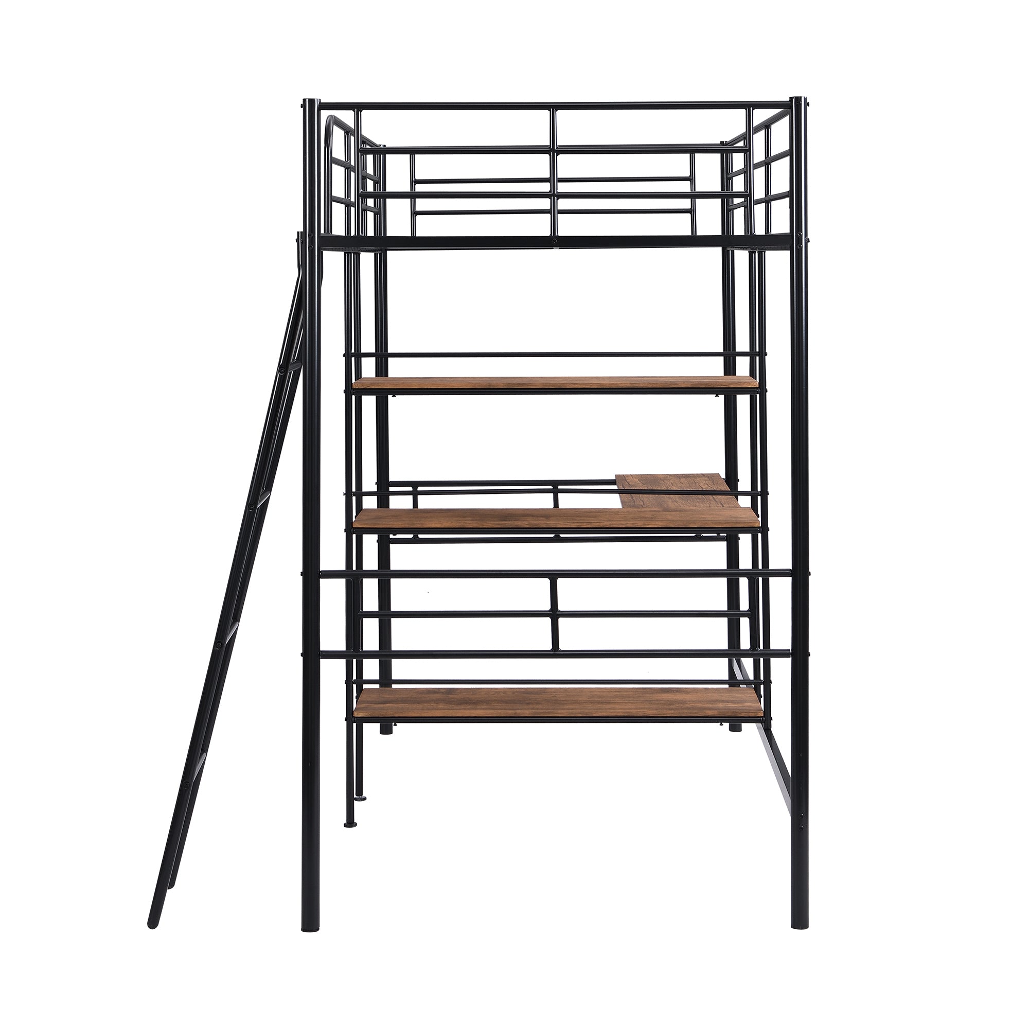 HAOYYE Twin Size Metal Loft Bed and Built-in Desk and Shelves,Black Sturdy Space-Saving Heavy Duty Modern Design Adults Dorm Room Easy Assembly Bedroom Furniture