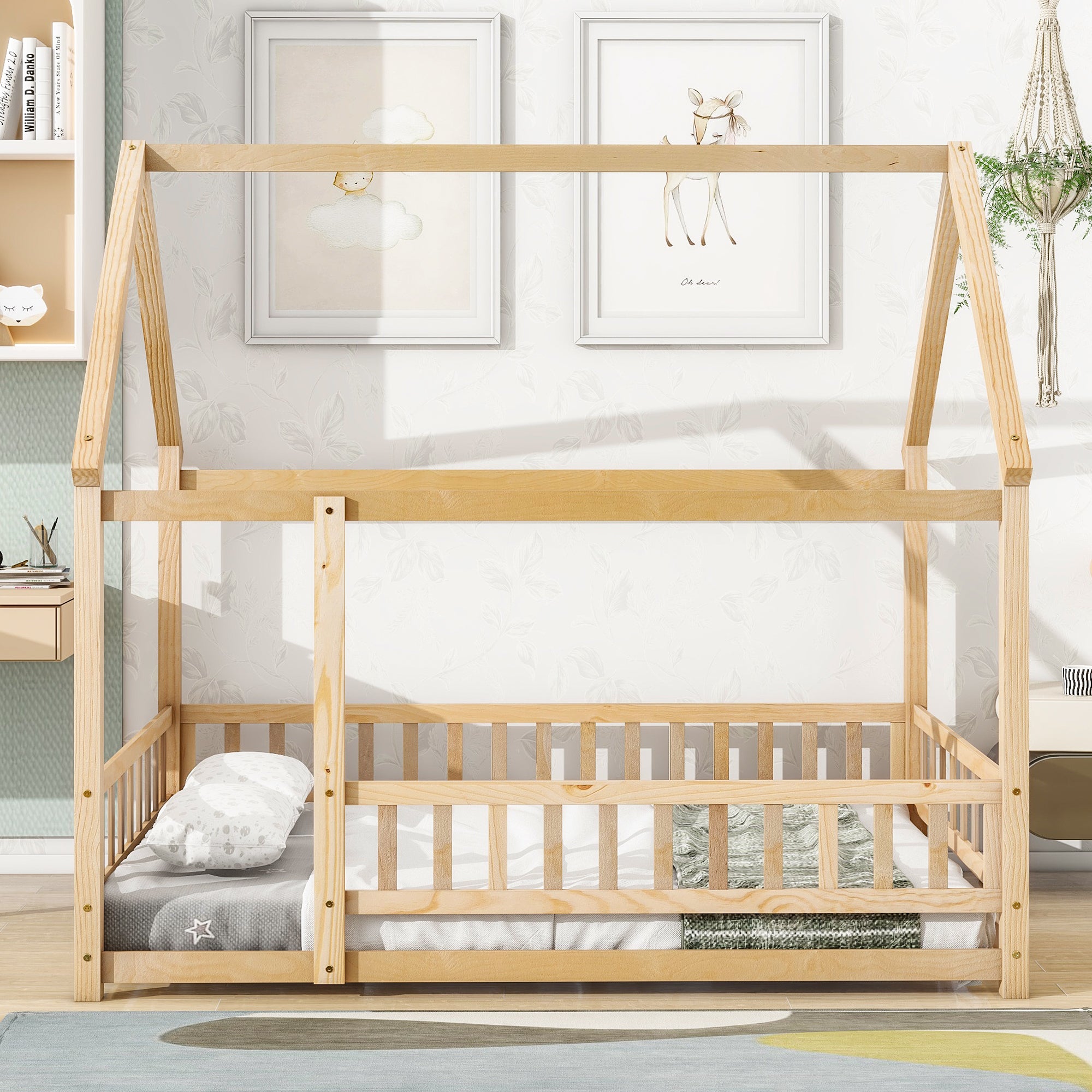 HAOYYE Full Size Floor Wooden Bed with House Roof Frame, Fence Guardrails ,Nartural Sturdy Space-Saving Heavy Duty Modern Design Adults Dorm Room Easy Assembly Bedroom Furniture