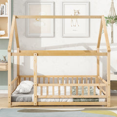 HAOYYE Full Size Floor Wooden Bed with House Roof Frame, Fence Guardrails ,Nartural Sturdy Space-Saving Heavy Duty Modern Design Adults Dorm Room Easy Assembly Bedroom Furniture