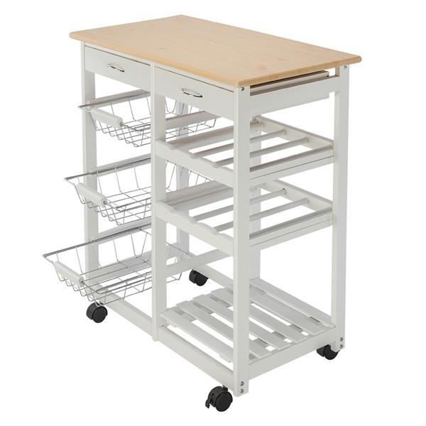 HAOYYE Moveable Kitchen Island Cart with Two Drawers, Three Metal Baskets, and Two Wine Racks, Sturdy Durable Rolling Storage Cart with White Pine Frame, Easy Assembly, Space-Saving, Ideal for Home Kitchens or Dining Rooms