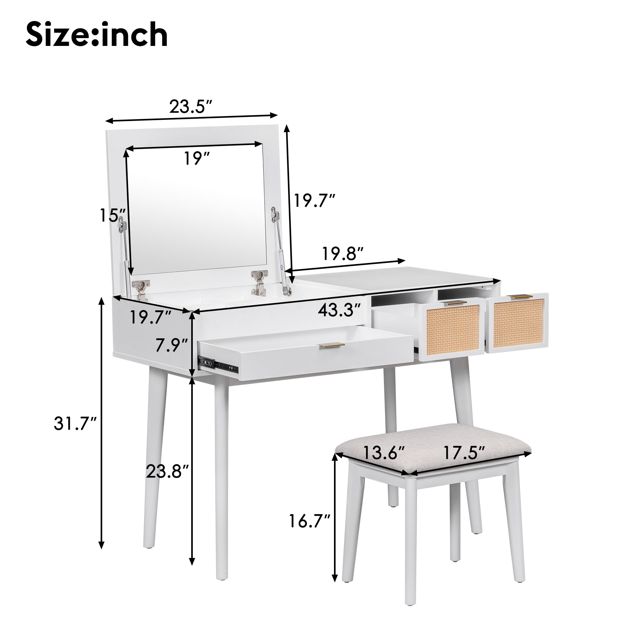 HAOYYE Classic Wood Makeup Vanity Set with Flip-top Mirror and Stool, Dressing Table with Three Drawers and Storage Space, White Modern Design, Luxury Style, Durable Material, Space-saving