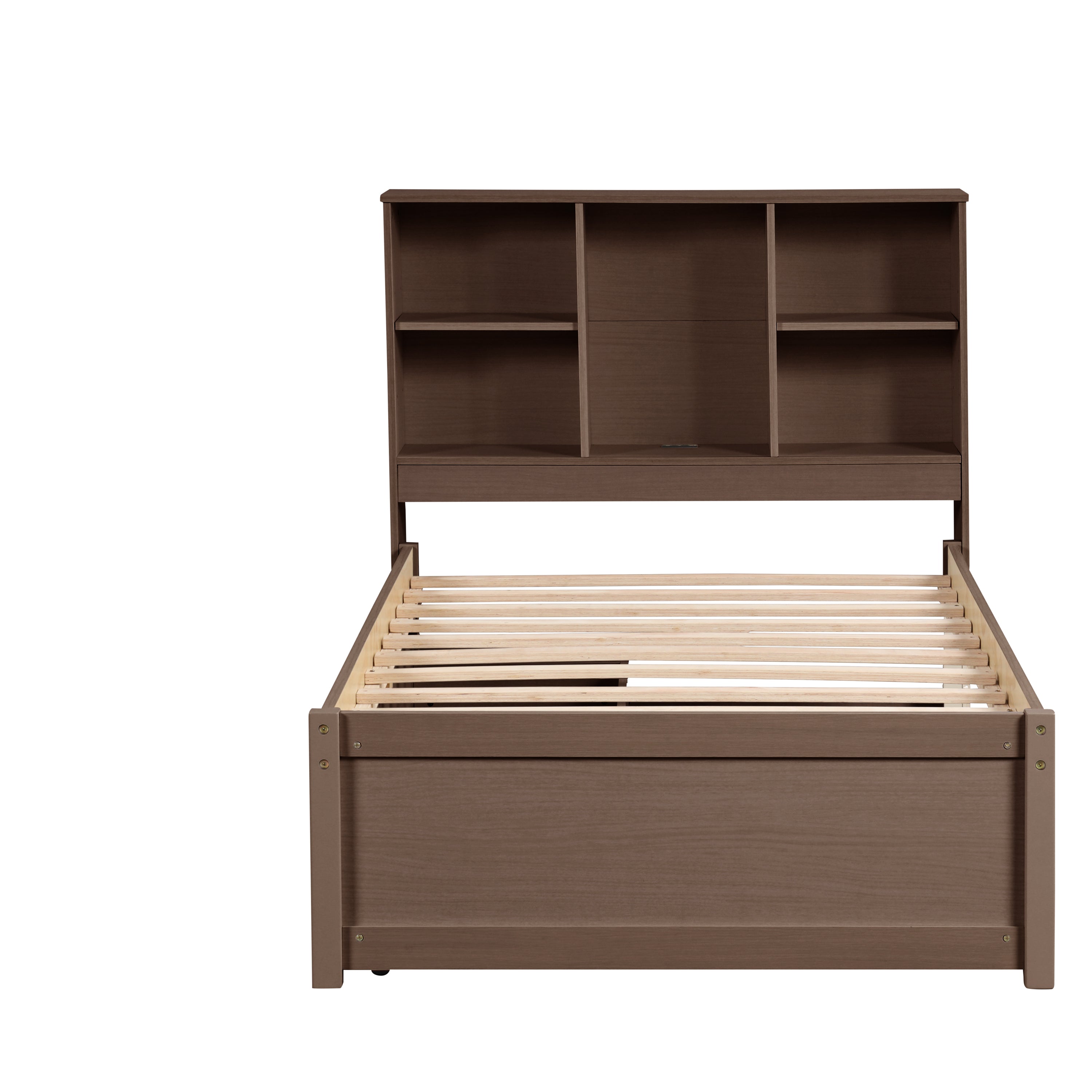 HAOYYE Twin Bed Frame with USB Port, Bookcase Headboard and Storage Drawers, Walnut Finish, Sturdy Space-Saving Design, Heavy Duty, Easy Assembly, Ideal for Bedroom and Dorm Room