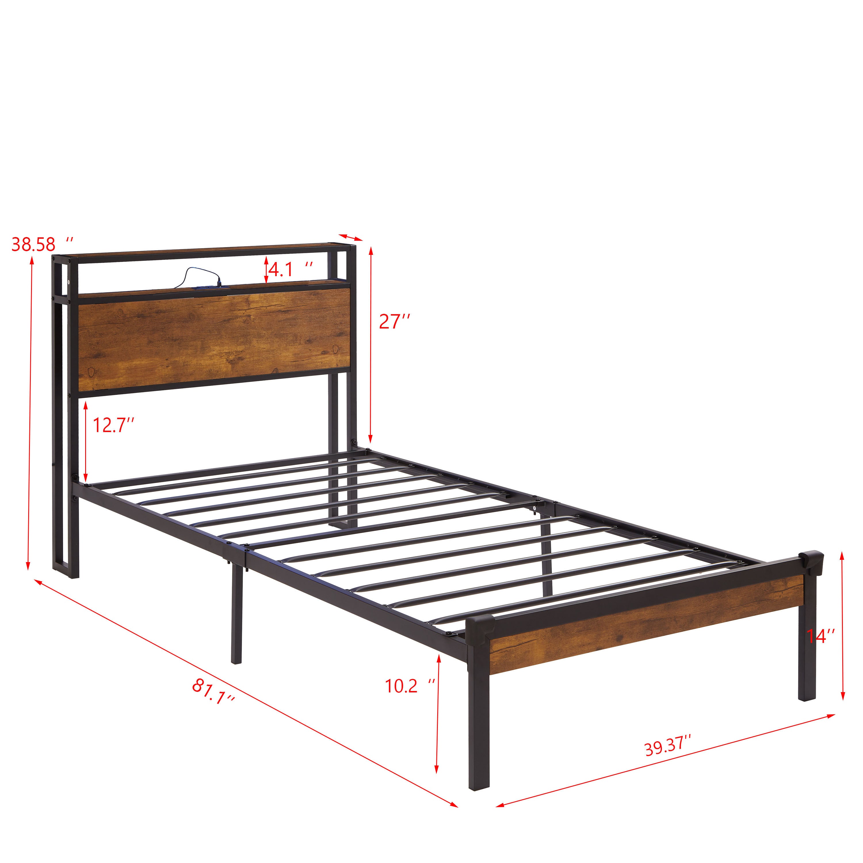 HAOYYE Twin Size Metal Platform Bed Frame with Wooden Headboard and Footboard with USB LINER, No Box Spring Needed, Under Bed Storage, Easy Assemble Sturdy Space-Saving Heavy Duty Modern Design Durable