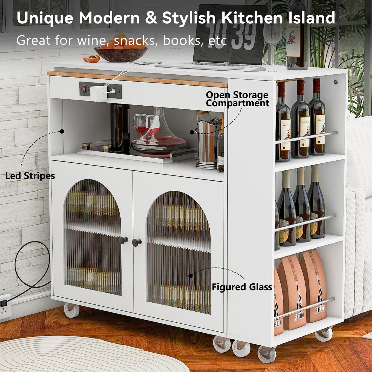 HAOYYE K&K Rolling Kitchen Island With Extended Table, Kitchen island on Wheels with LED Lights,Power Outlets and 2 Fluted Glass Doors, Kitchen Island with a Storage Compartment and Side 3 Open Shelves,White