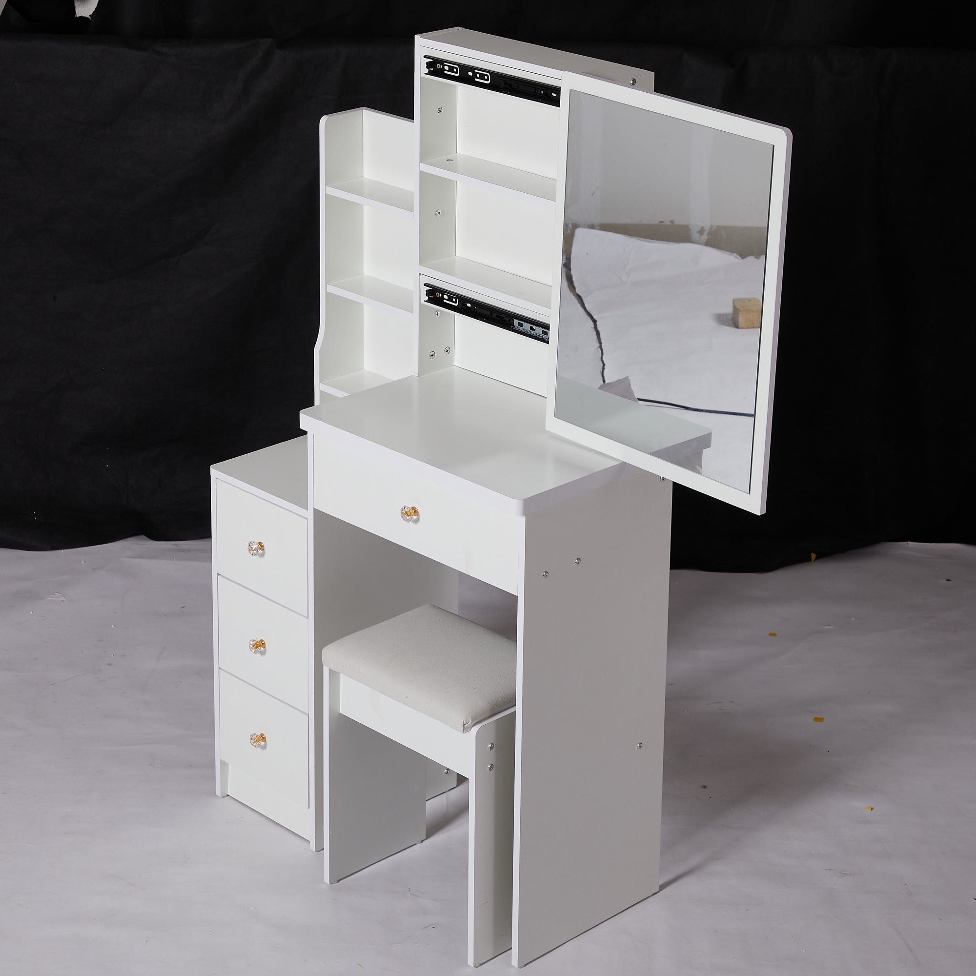 HAOYYE Compact Left-Side Bedside Vanity Table With Sliding Mirror, Cushioned Stool, Multi-Layer High-Capacity Storage, Modern Dresser for Small Spaces, EPA, GCC, UL Certified