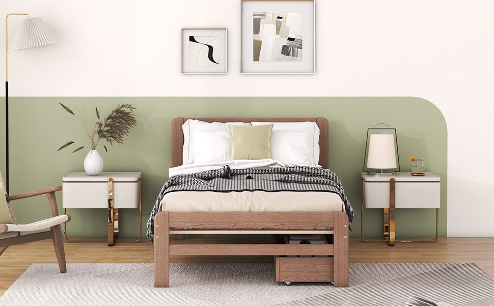 HAOYYE Modern Twin Size Platform Bed Frame With 2 Drawers, Walnut Finish, Space-Saving Heavy Duty Construction, Ideal For Adults And Dorm Rooms, Easy Assembly Bedroom Furniture