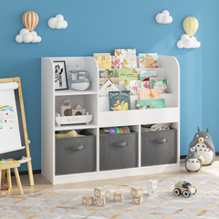 HAOYYE Bookcase and Bookshelf, Multifunctional Display Stand With 3 Collapsible Fabric Drawers, Toy Storage Organizer for Bedroom, Playroom, or Hallway, White/Gray, Sturdy Space-Saving Design