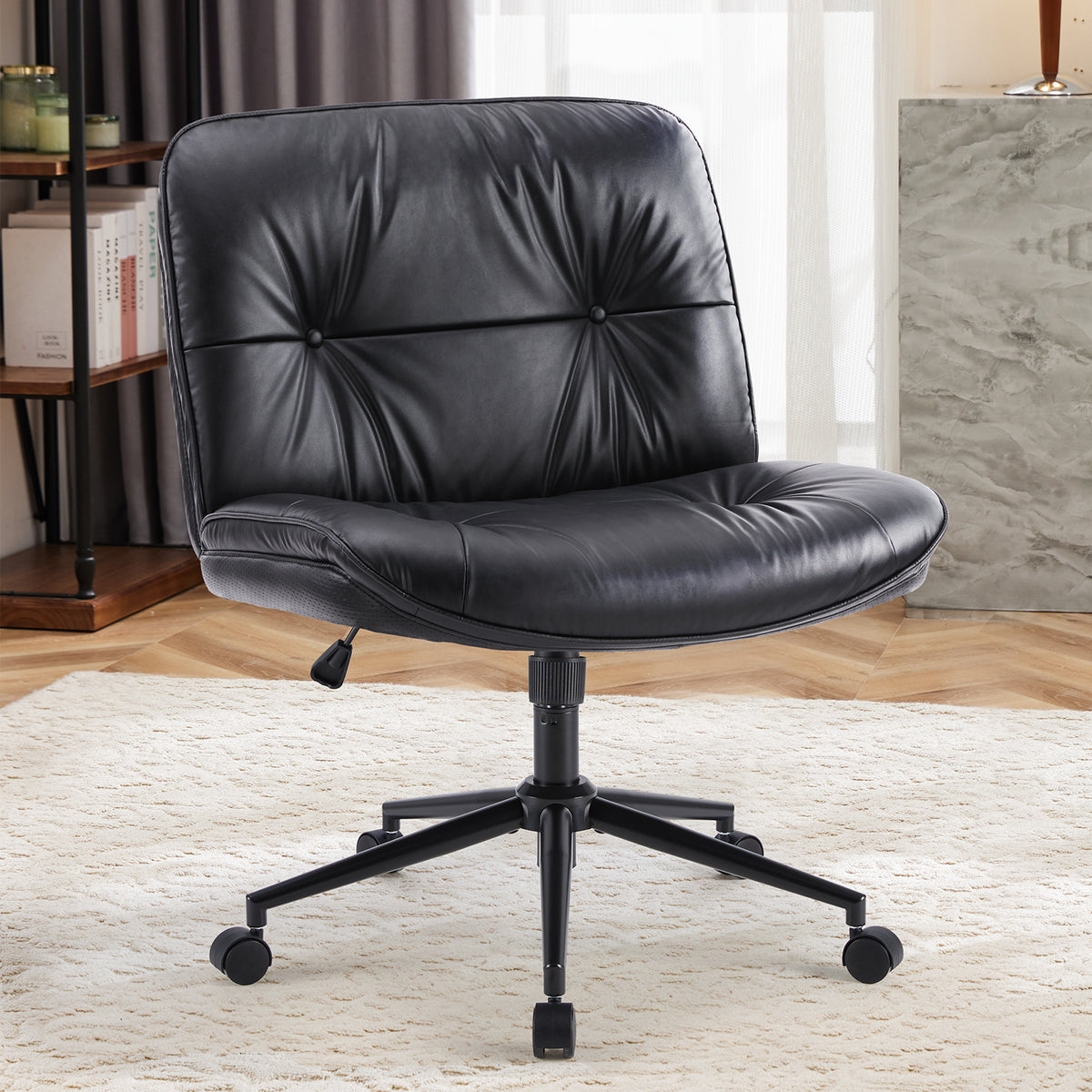 HAOYYE Criss Cross Legged Chair, Armless Office Desk Wide Seat Wheels, Swivel Height Adjustable Comfy Sturdy Space-Saving Heavy Duty Modern Design Adults Dorm Room Easy Assembly Bedroom Furniture