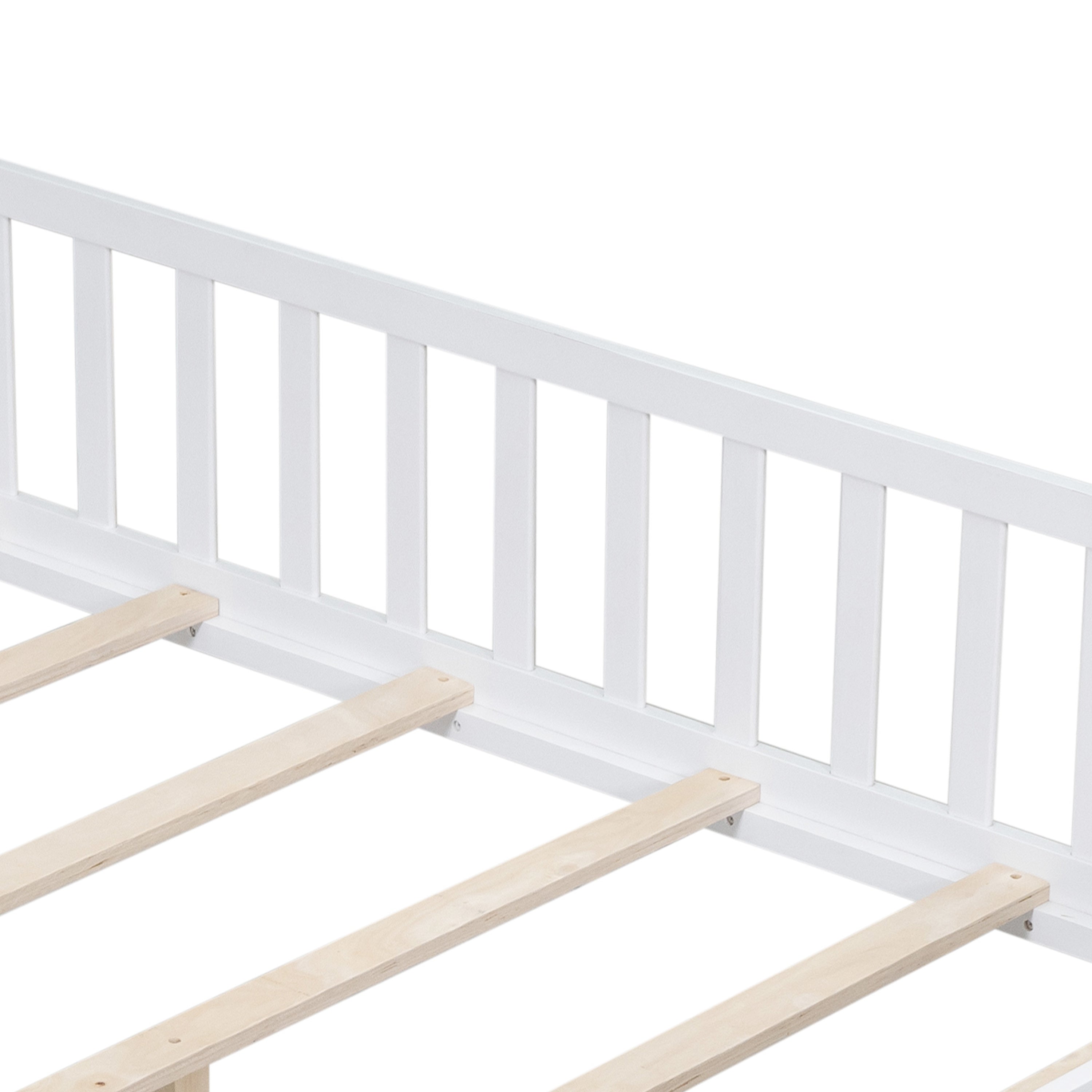 HAOYYE Full Size Floor Platform Bed with Fence and Door for , Montessori Floor Bed Frame with Support Slats for Toddlers, Wooden Floor Bed White Sturdy Space-Saving Heavy Duty Modern Design Adults