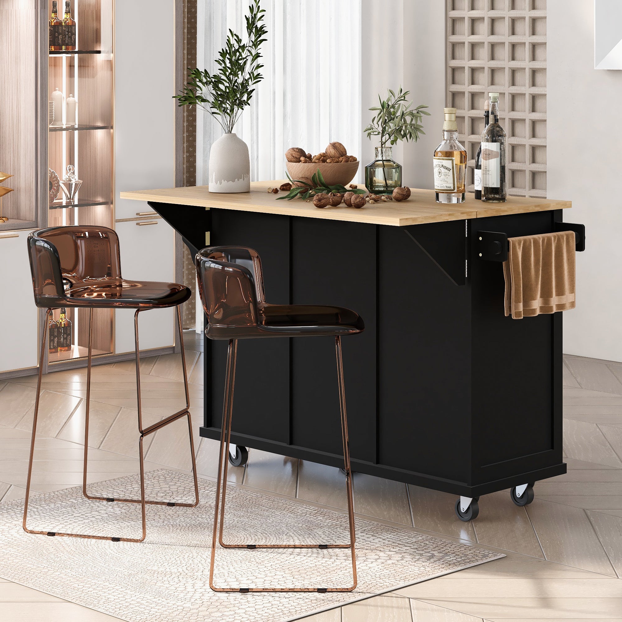 HAOYYE Kitchen Cart with Rubberwood Drop-Leaf Countertop, Internal Storage Racks, 5-Wheel Kitchen Island with Storage Cabinet and 3 Drawers, Black, Sturdy Space-Saving Design, Durable and Stylish Home Furniture