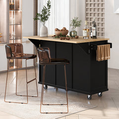 HAOYYE Kitchen Cart with Rubberwood Drop-Leaf Countertop, Internal Storage Racks, 5-Wheel Kitchen Island with Storage Cabinet and 3 Drawers, Black, Sturdy Space-Saving Design, Durable and Stylish Home Furniture