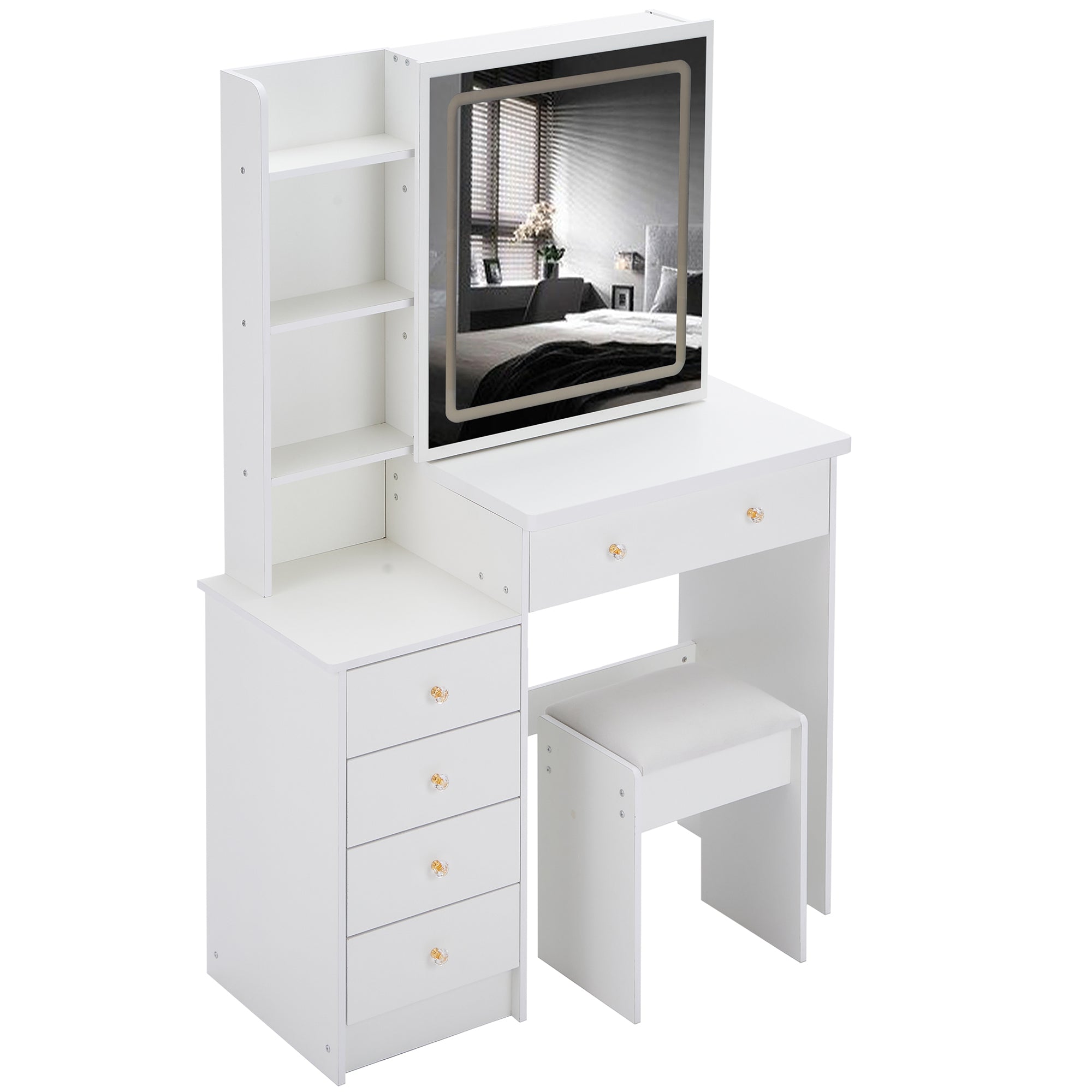 HAOYYE 37" Middle Size Left Bedside Cabinet Vanity Table + Cushioned Stool Dresser Set, 2 AC+2 USB Socket, Hair Dryer Stand, Large Touch Control LED Sliding Mirror, 3-color Switch, EPA, GCC, UL Certificate