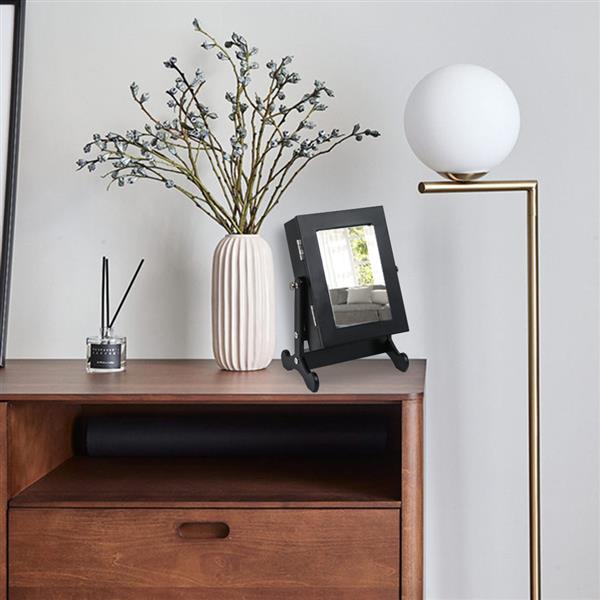 HAOYYE Small Black Mirror Jewelry Cabinet Organizer Armoire with Stand Countertop Storage Box for Rings Necklaces Earrings Makeup and Accessories Compact and Stylish Space-Saving Design for Bedroom or Vanity Table