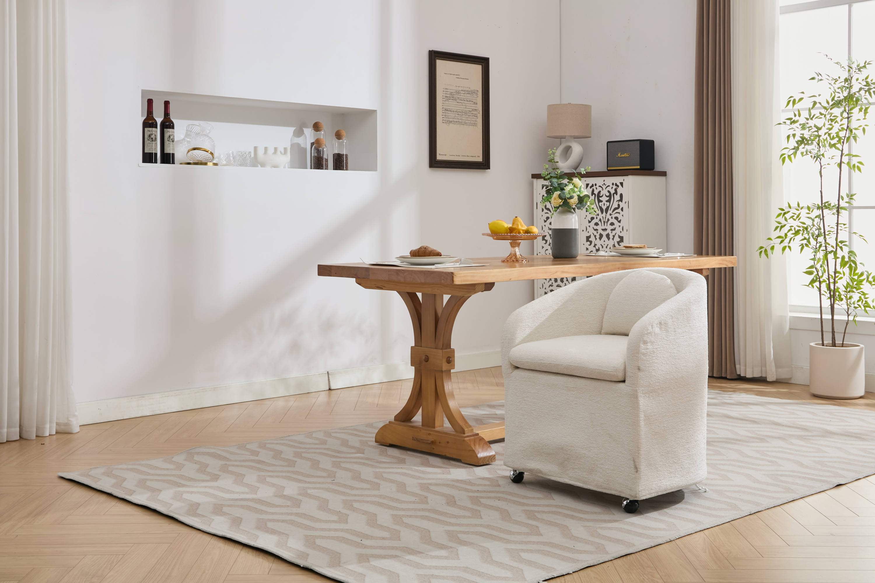 HAOYYE 059-Set of 1 Chenille Fabric Dining Armchair With Back Cushion and Universal Wheels,Beige Sturdy Space-Saving Heavy Duty Modern Design Adults Dorm Room Easy Assembly Bedroom Furniture
