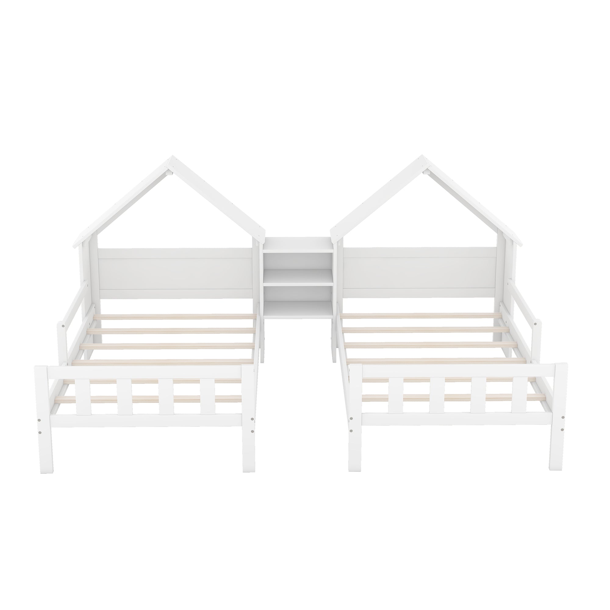 HAOYYE Double Twin Size Platform Bed with House-shaped Headboard and a Built-in Nightstand, White Sturdy Space-Saving Heavy Duty Modern Design Adults Dorm Room Easy Assembly Bedroom Furniture