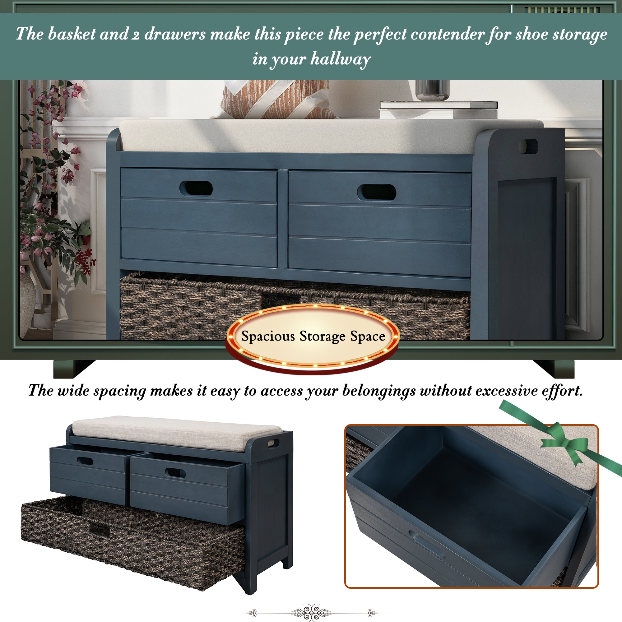 HAOYYE Storage Bench with Removable Basket and Two Drawers, Fully Assembled Shoe Bench with Removable Cushion, Navy, Sturdy Space-Saving Design, Heavy Duty Construction, Easy Assembly, Durable and Stylish Home Furniture