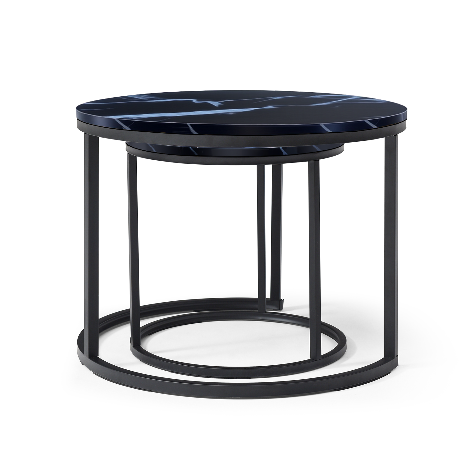 HAOYYE Set of 2 Round Nesting Coffee Tables with Black Marble Pattern Top and Metal Frame, Modern Industrial Circular Side Tables for Living Room Bedroom Apartment or Office Use