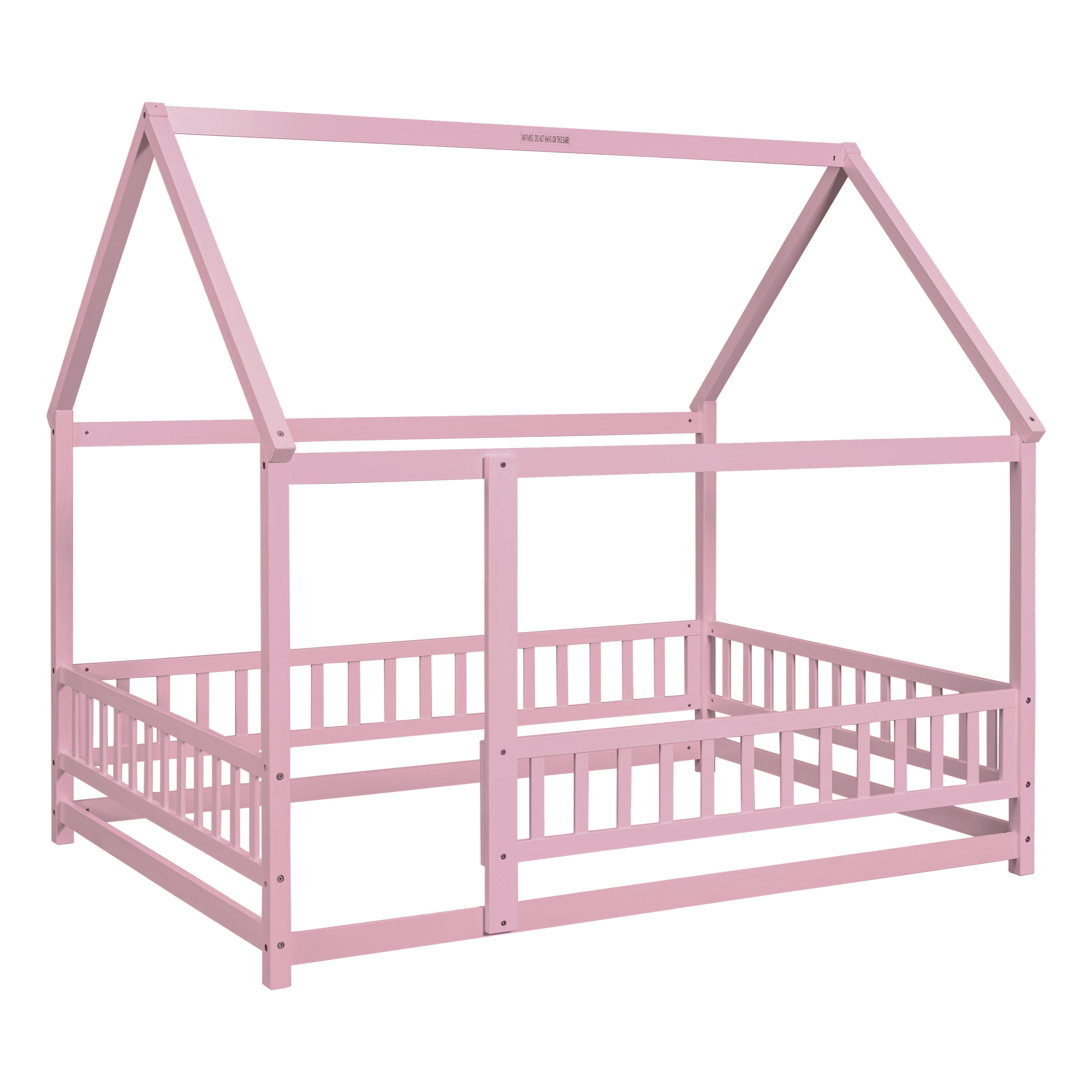 HAOYYE Full Size Floor Wooden Bed with House Roof Frame, Fence Guardrails ,Pink Sturdy Space-Saving Heavy Duty Modern Design Easy Assembly Durable Stylish Home Furniture Versatile
