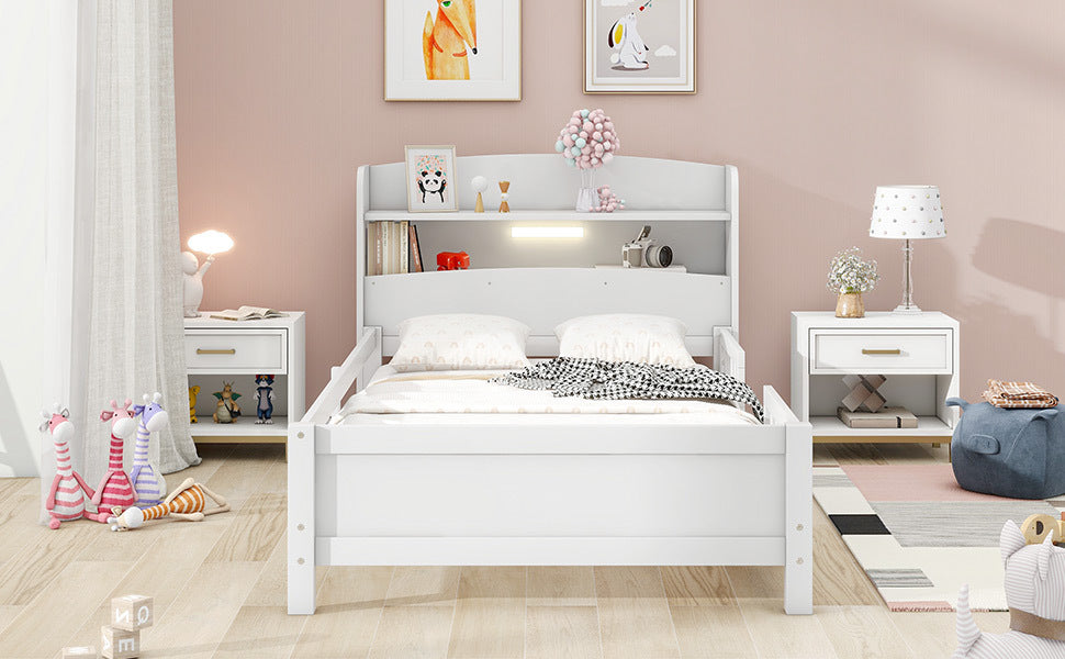 HAOYYE Wood Twin Size Platform Bed with Built-in LED Light, Storage Headboard and Guardrail, White Sturdy Space-Saving Heavy Duty Modern Design Adults Dorm Room Easy Assembly Bedroom Furniture
