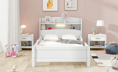 HAOYYE Wood Twin Size Platform Bed with Built-in LED Light, Storage Headboard and Guardrail, White Sturdy Space-Saving Heavy Duty Modern Design Adults Dorm Room Easy Assembly Bedroom Furniture