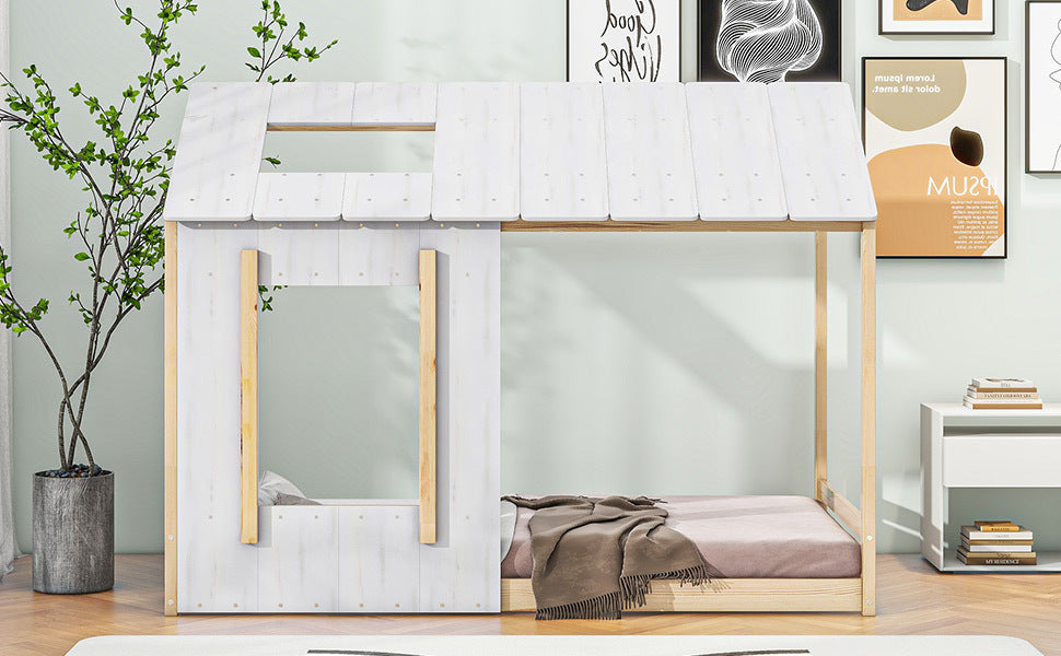 HAOYYE Twin Size House Platform with Roof and Window , White+Natural Sturdy Space-Saving Heavy Duty Modern Design Easy Assembly Durable Stylish Home Furniture Versatile
