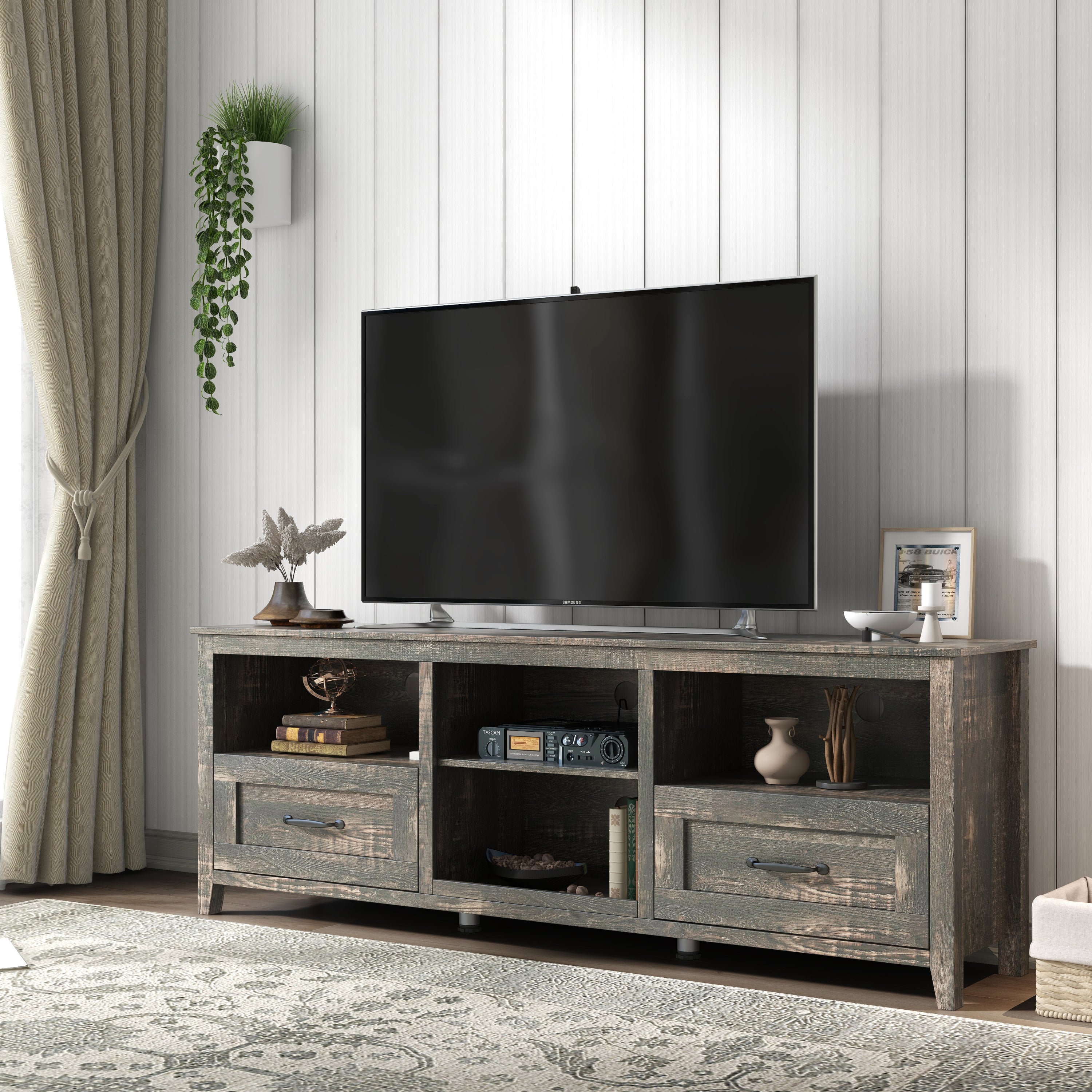 HAOYYE Black Pine TV Stand, Modern Heavy-Duty Storage Console For Living Room Or Bedroom, With 2 Drawers & 4 Spacious Storage Compartments, Sturdy Space-Saving Design, Easy Assembly