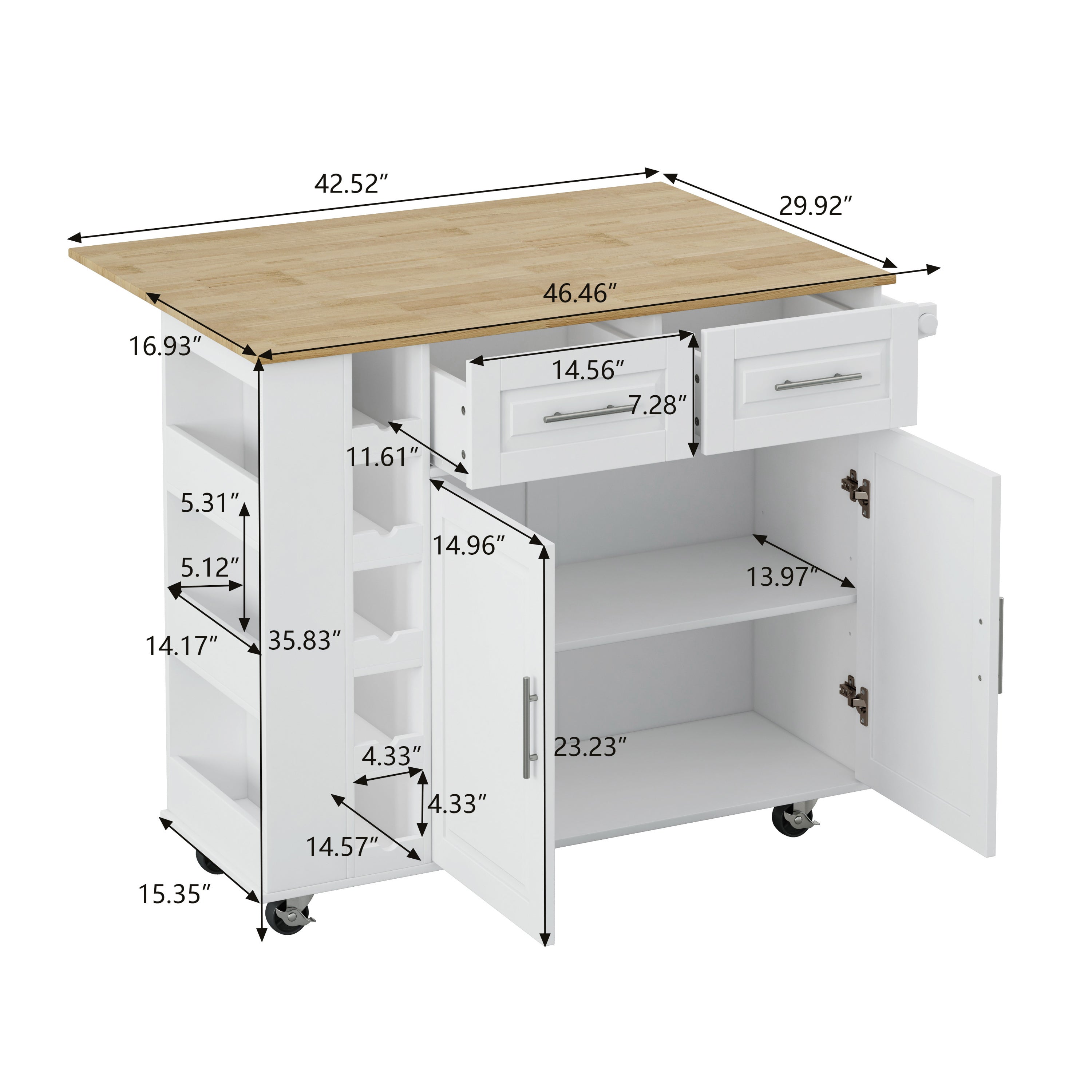HAOYYE Multi-Functional Kitchen Island Cart with 2 Door Cabinet, 2 Drawers, Spice Rack, Towel Holder, Wine Rack, and Foldable Rubberwood Table Top, Sturdy Space-Saving Design, Heavy Duty Modern Style for Kitchen Storage