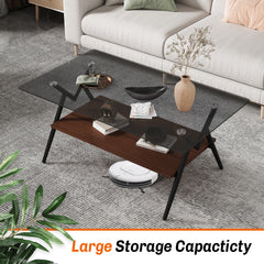 HAOYYE Rectangle Coffee Table with Tempered Glass top and Brown MDF Shelf, Modern Table for Living Room, Gray Glass Sturdy Space-Saving Heavy Duty Modern Design Adults Dorm Room Easy Assembly