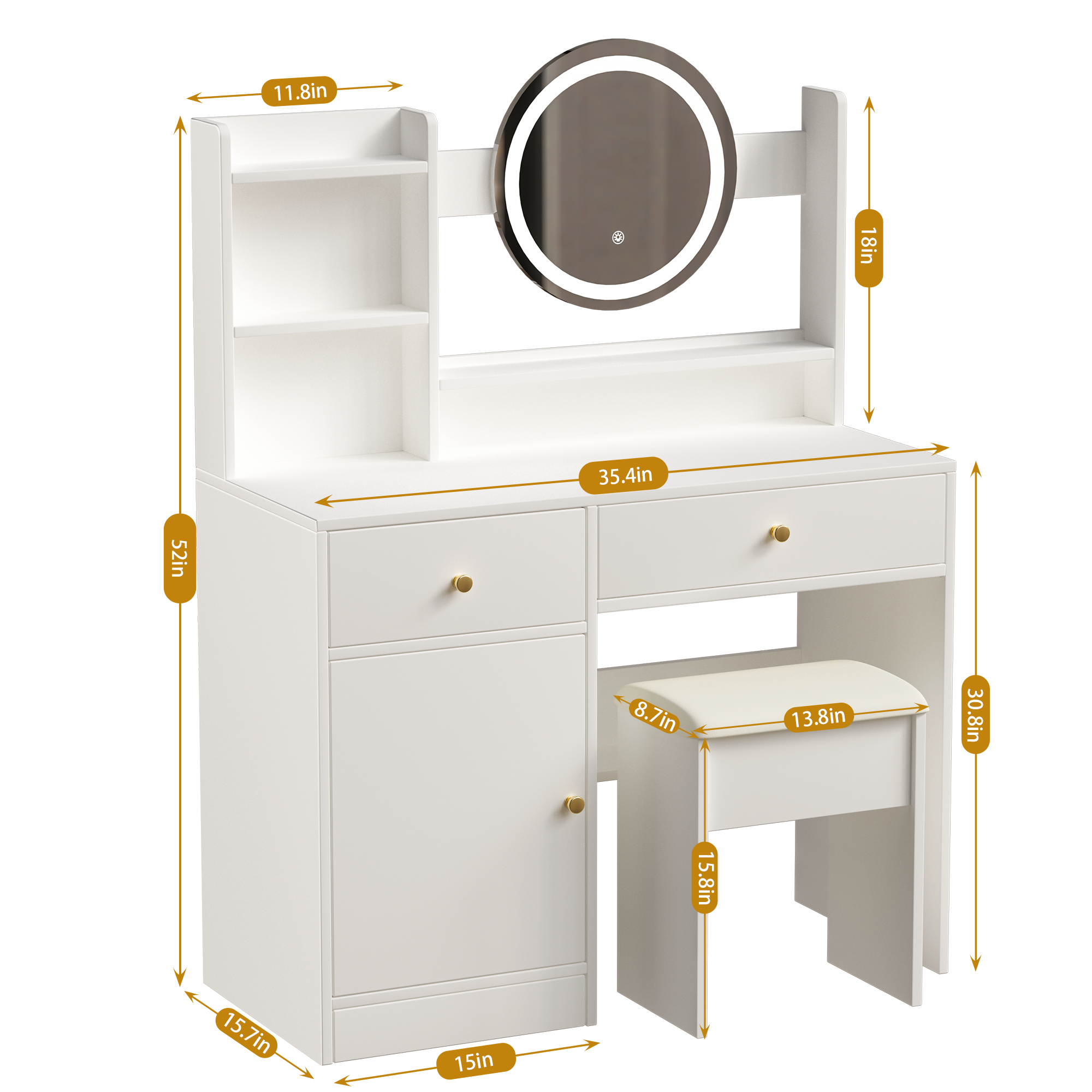 HAOYYE Fashion Vanity Desk with Mirror and Lights for Makeup and Cushioned Chair, Vanity Mirror with Lights and Table Set with 3 Color Lighting Brightness Adjustable,Dressing table, White Color Sturdy