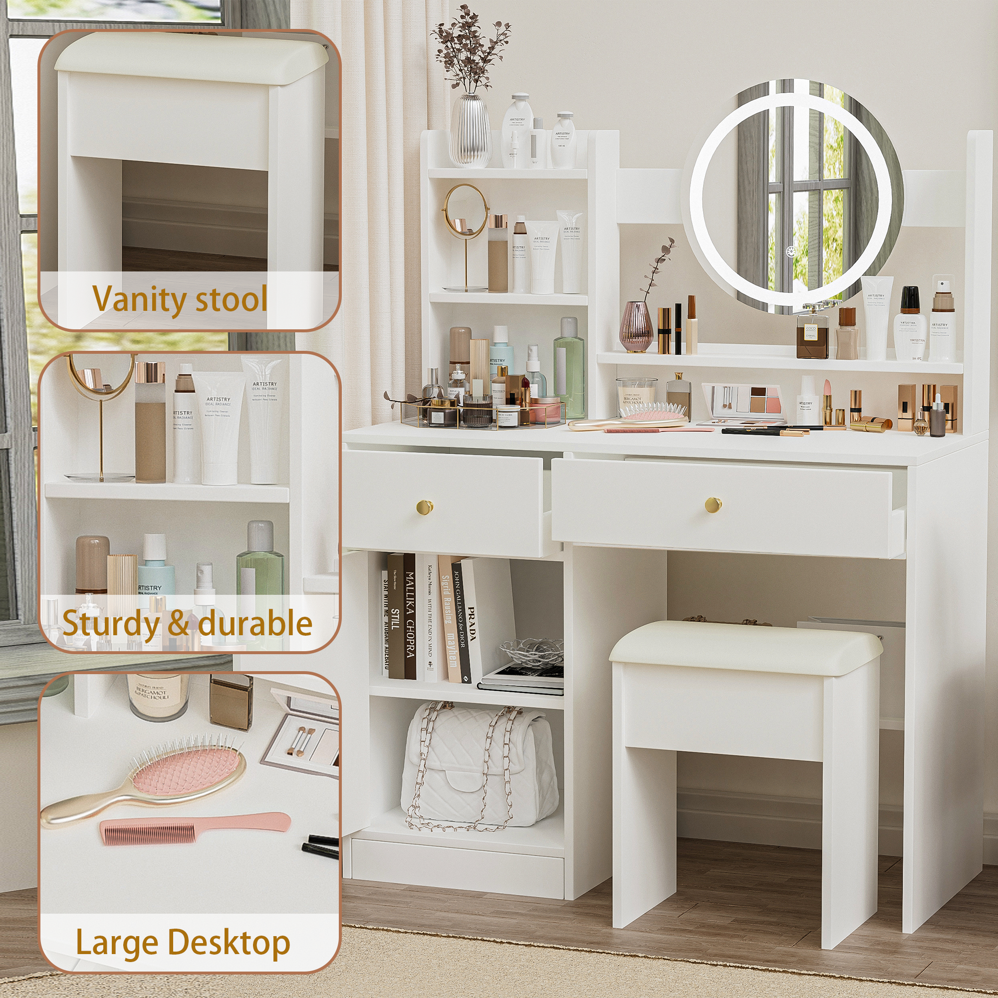 HAOYYE Fashion Vanity Desk with Mirror and Lights for Makeup and Cushioned Chair, Vanity Mirror with Lights and Table Set with 3 Color Lighting Brightness Adjustable,Dressing table, White Color Sturdy