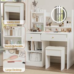 HAOYYE Fashion Vanity Desk with Mirror and Lights for Makeup and Cushioned Chair, Vanity Mirror with Lights and Table Set with 3 Color Lighting Brightness Adjustable,Dressing table, White Color Sturdy