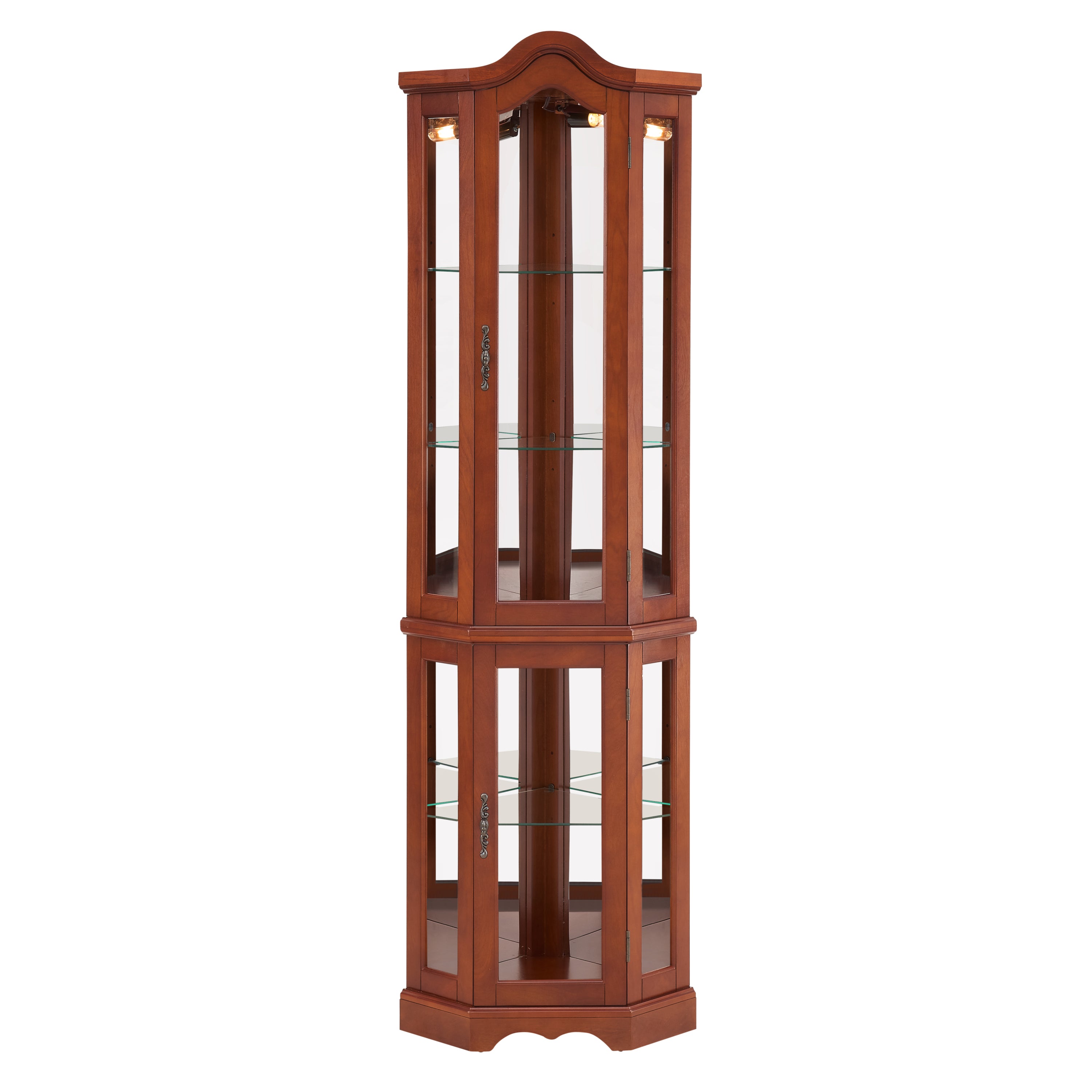 HAOYYE Corner Curio Cabinet with Adjustable Tempered Glass Shelves, Mirrored Back, LED Lights, Elegant Display Cabinet in Walnut Finish, Sturdy Space-Saving Design, Modern Heavy Duty Storage for Home, Office, Living Room