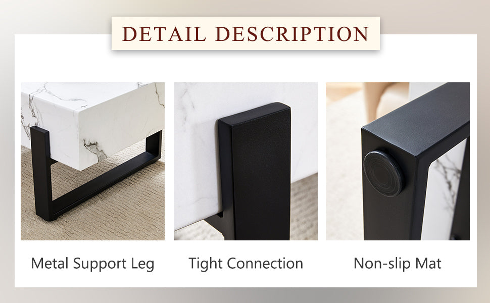 HAOYYE Black And White Minimalist MDF Coffee Table With Marble Pattern Sticker And Black Metal Leg Spray Coating, Modern And Simple Design For Living Room, Bedroom And Office, Sturdy Space-Saving Heavy Duty Furniture For Contemporary Home Decor
