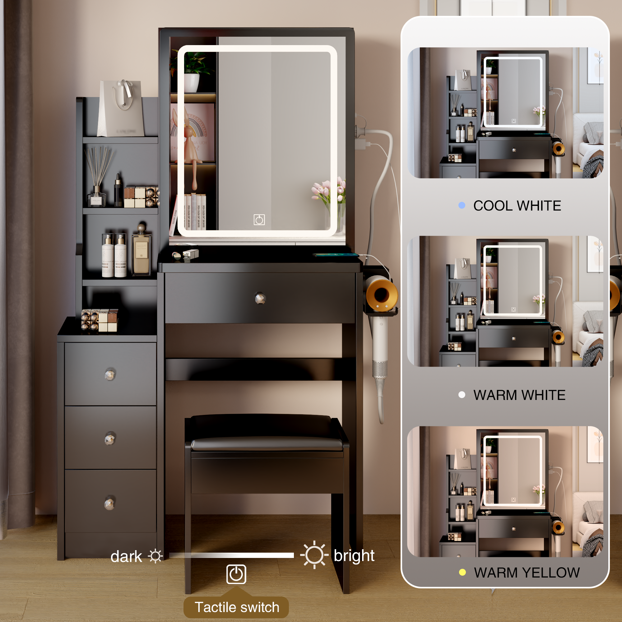 HAOYYE Small Space Left Bedside Cabinet Vanity Table + Cushioned Stool, 2 AC+2 USB Power Station, Hair dryer bracket, Extra Large Touch Control Sliding LED Mirror, Tri-color Switching, Brightness Adjustable