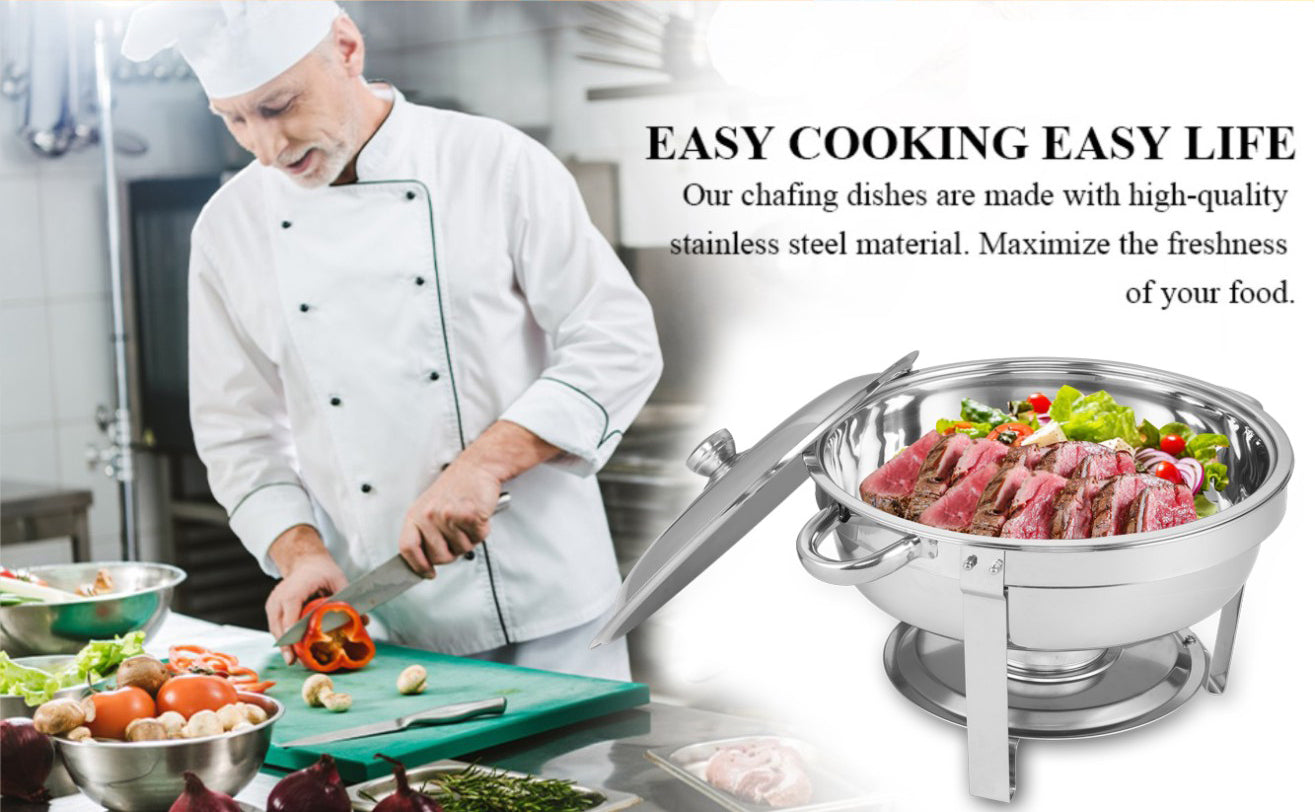 Haoyye Round Buffet Catering Dish Set of 2, 5QT Stainless Steel Chafing Dishes with Lids, Food and Water Pans, Fuel Holders, Warming and Chilling Function for Parties, Weddings, Events, Camping, Home or Outdoor Use