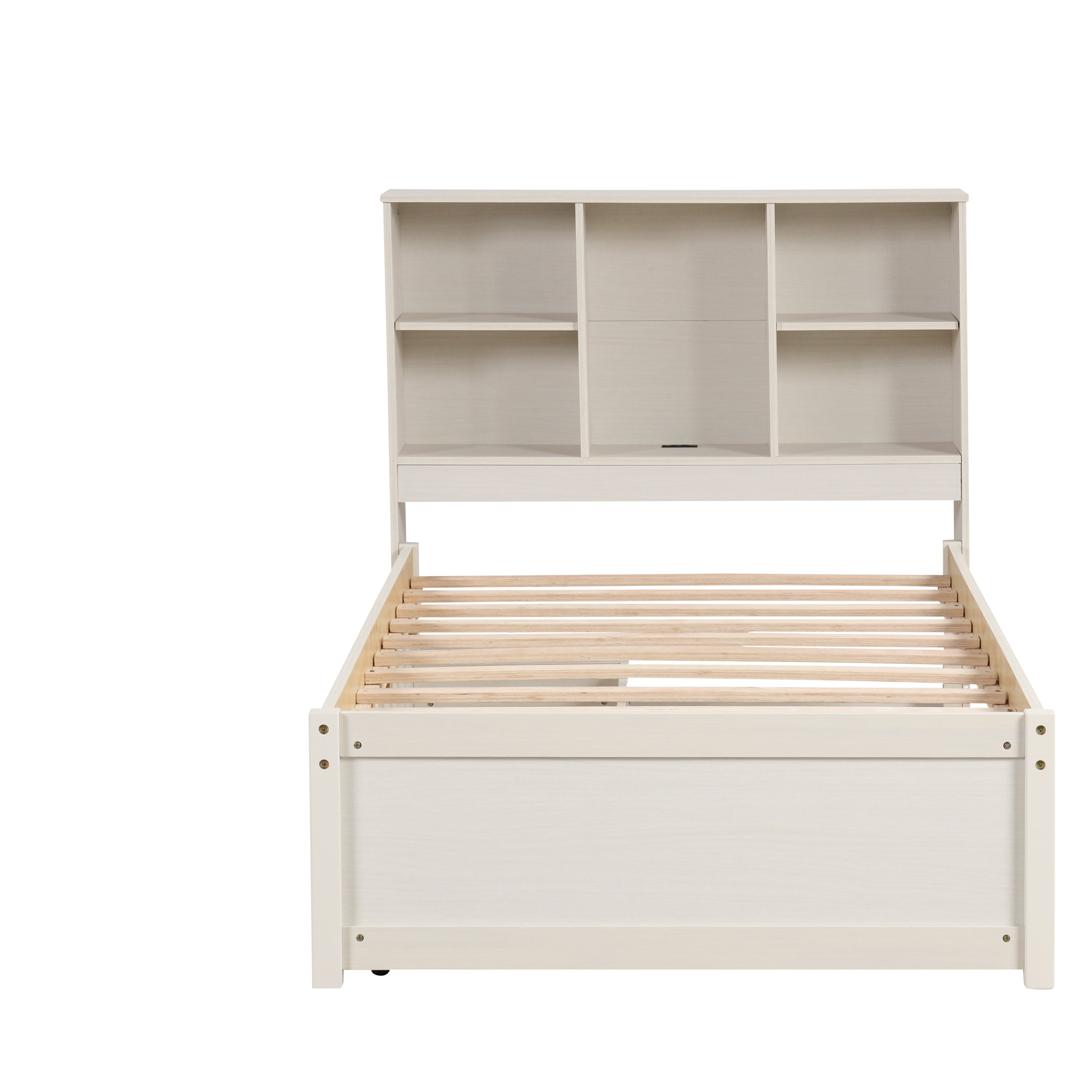 HAOYYE Modern Twin Size Bed Frame with Built-In USB Port on Bookcase Headboard and Two Drawers for White Washed Color, Sturdy Space-Saving Design, Heavy Duty Construction, Easy Assembly, Durable and Stylish Home Furniture
