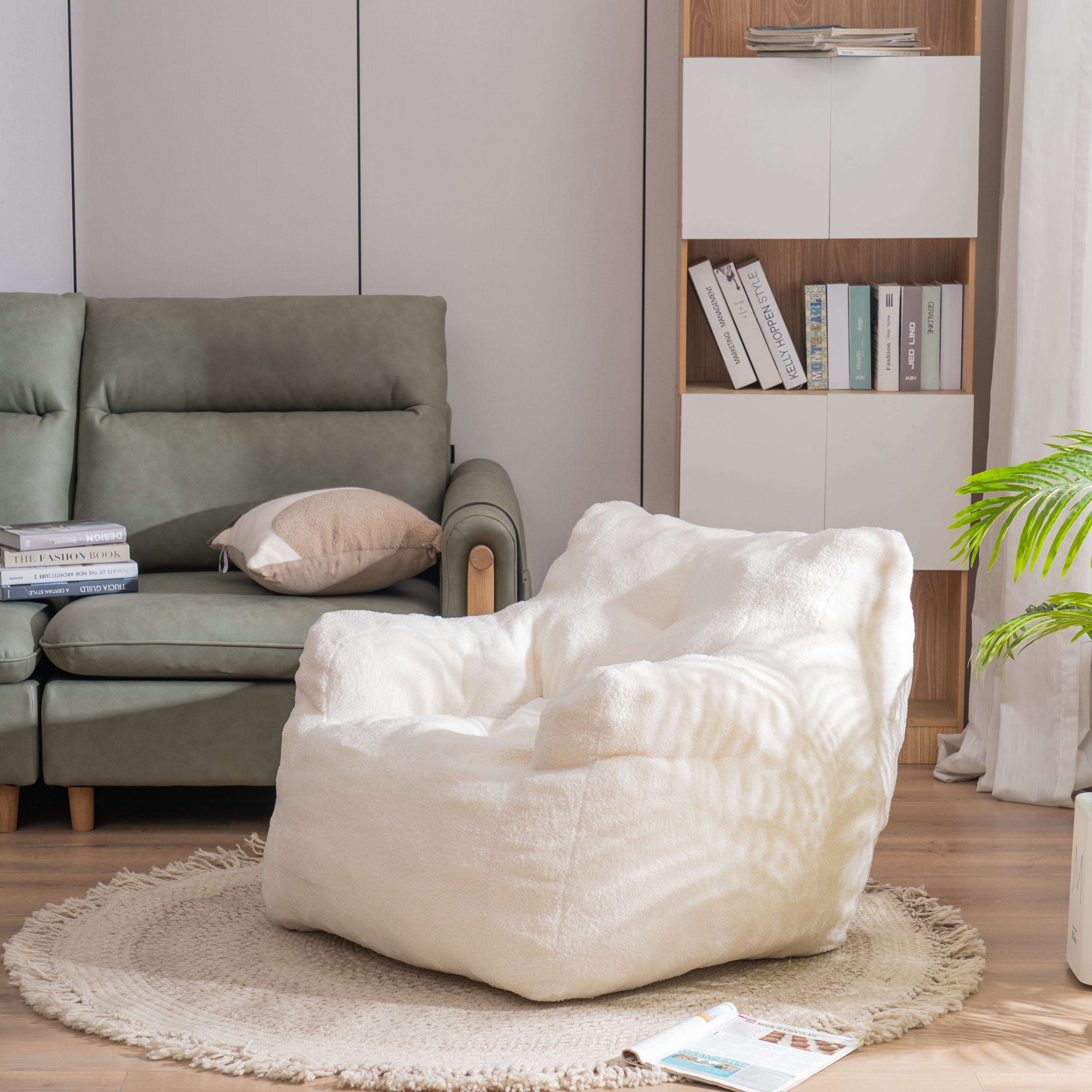 Haoyye Ivory Teddy Fabric Bean Bag Chair, Soft Tufted Foam Lounge Chair with Ergonomic Backrest, No Assembly Needed, Modern Floor Seating for Living Room, Bedroom or Lounge Area, Stylish Space-Saving Comfortable Accent Furniture