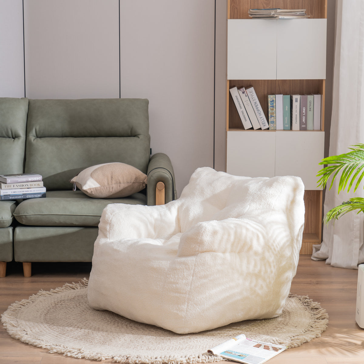 Haoyye Ivory Teddy Fabric Bean Bag Chair, Soft Tufted Foam Lounge Chair with Ergonomic Backrest, No Assembly Needed, Modern Floor Seating for Living Room, Bedroom or Lounge Area, Stylish Space-Saving Comfortable Accent Furniture