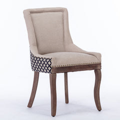 HAOYYE Ultra Side Dining Chair, Thickened fabric chairs with neutrally toned solid wood legs, Bronze nail head, Set of 2, Beige and Patterned,SW2207BG Sturdy Space-Saving Heavy Duty