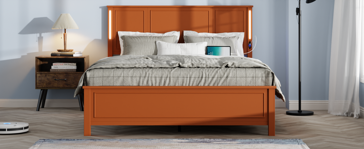 HAOYYE Queen Size Bed Frame, Platform Bed Frame with Wood Headboard and Footboard,Charging Station and LED Lights, 12 Wood Slats Support, No Box Spring Needed , Brown Sturdy Space-Saving Heavy Duty