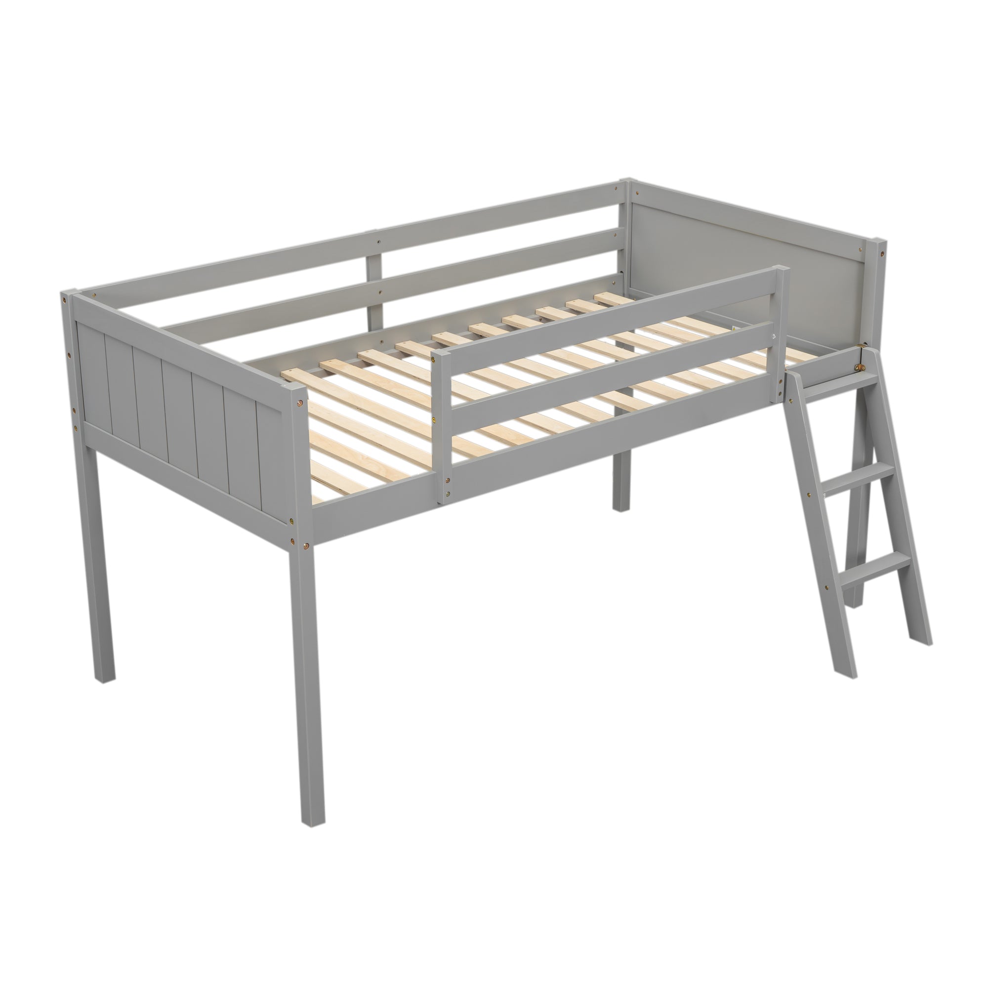 HAOYYE Twin Size Wood Low Loft Bed with Ladder, ladder can be placed on the left or right, Gray Sturdy Space-Saving Heavy Duty Modern Design Adults Dorm Room Easy Assembly Bedroom Furniture