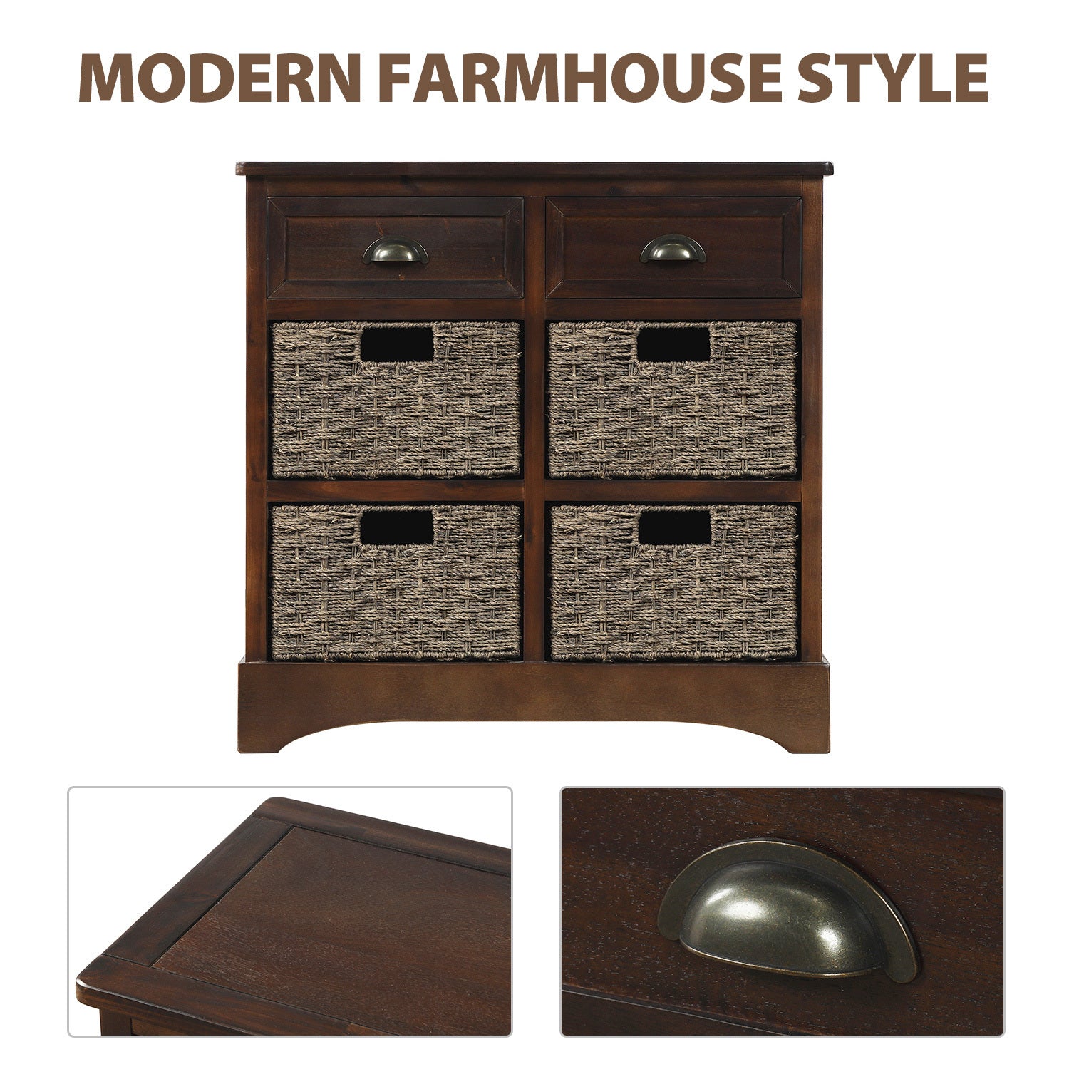 HAOYYE Rustic Storage Cabinet with Two Drawers and Four Classic Rattan Baskets for Dining Room or Living Room, Espresso, Sturdy Space-Saving Design, Heavy Duty Construction, Easy Assembly, Durable and Stylish Home Furniture