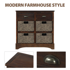 HAOYYE Rustic Storage Cabinet with Two Drawers and Four Classic Rattan Baskets for Dining Room or Living Room, Espresso, Sturdy Space-Saving Design, Heavy Duty Construction, Easy Assembly, Durable and Stylish Home Furniture